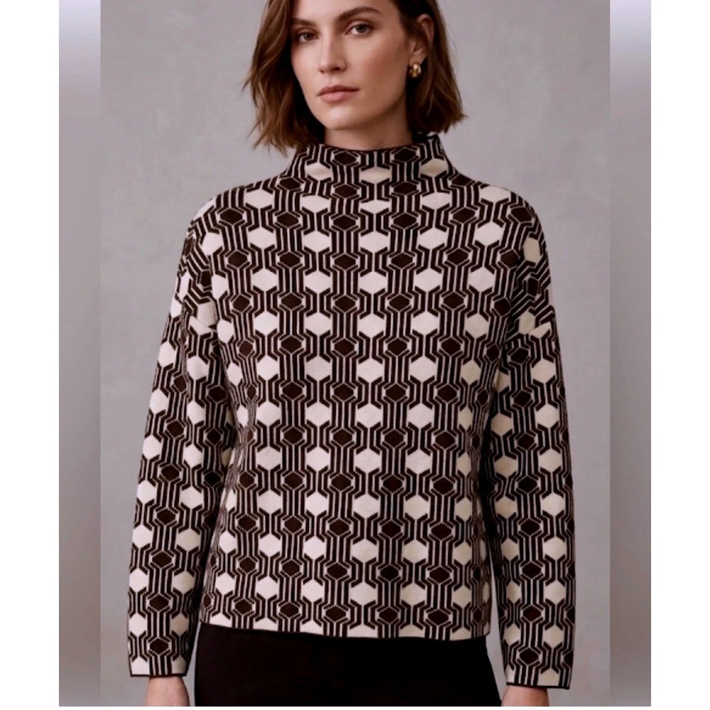 T TAHARI Black & White Geometric Mock Neck Sweater, XL